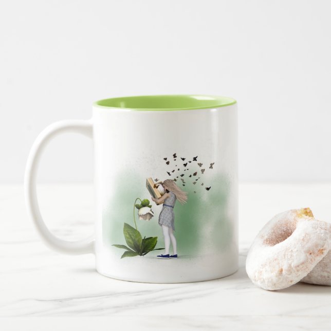 Bookworm book lover whimsical geek girl Two-Tone coffee mug (With Donut)