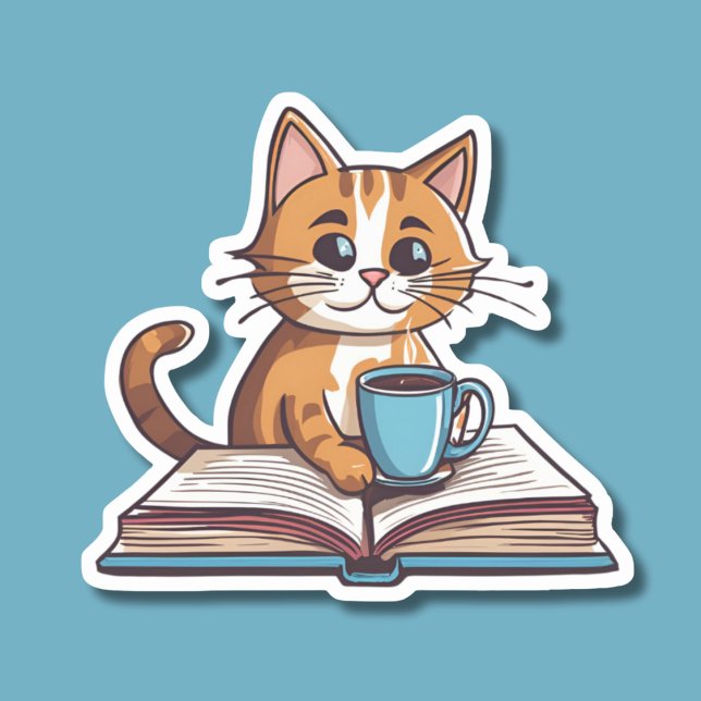 Bookworm Cat with Coffee Waterproof  Sticker (Creator Uploaded)