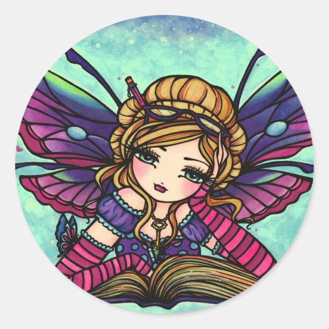 Bookworm Fairy Library Fantasy Art Stickers (Front)