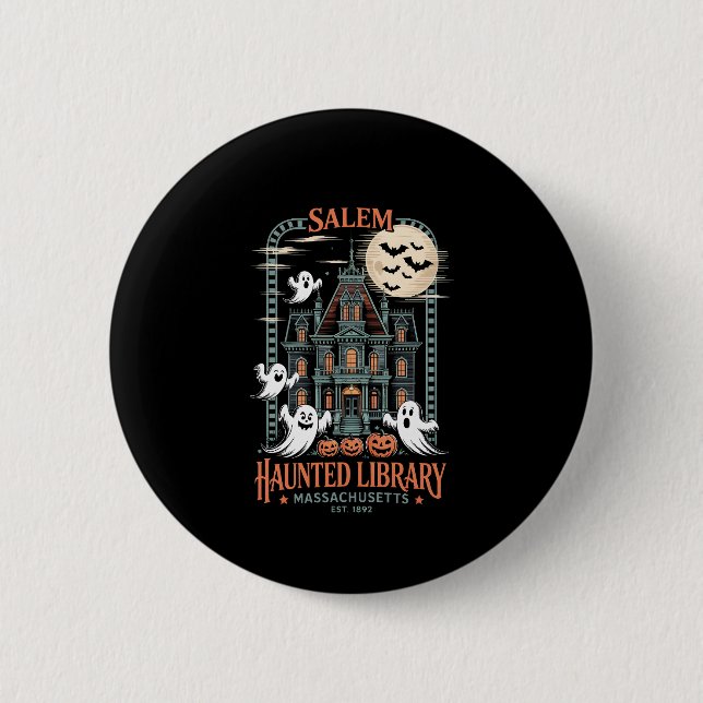 Bookworm Halloween Shirt Haunted Library Button (Front)