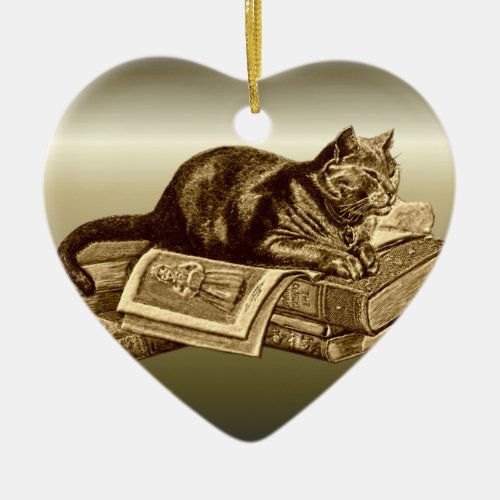 Bookworm Kitty Cat Reading Books Ceramic Ornament