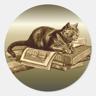 Bookworm Kitty Cat Reading Books Classic Round Sticker