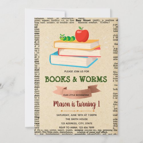 Bookworm party theme invitation