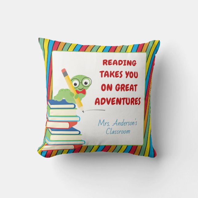Bookworm Reading Adventures | Classroom Throw Pillow (Front)
