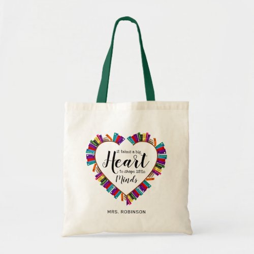 Bookworm Teacher Saying Gift Tote Bag - Thank you teacher tote bag featuring a heart made from school books, a sweet teacher saying, and their name.