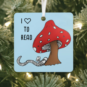 Bookworm Under a Mushroom Metal Ornament