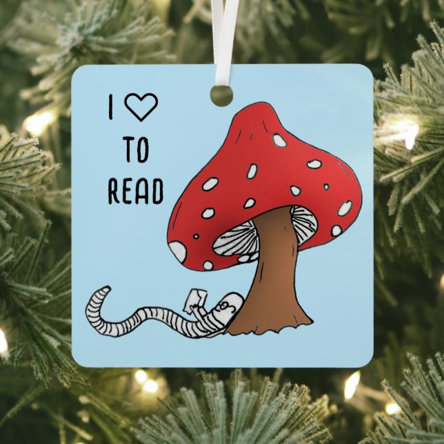 Bookworm Under a Mushroom Metal Ornament (Insitu)