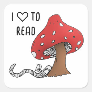 Bookworm Under a Mushroom Square Sticker