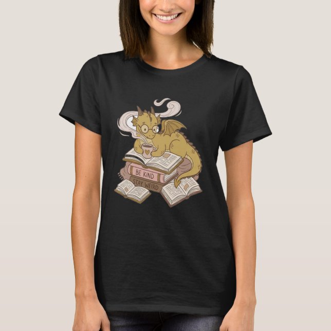 Bookworms Cozy Coffee Drinking Dragon Romantasy T-Shirt (Front)