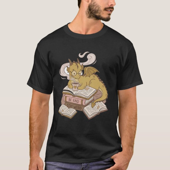 Bookworms Cozy Coffee Drinking Dragon Romantasy T-Shirt (Front)