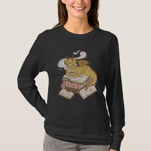 Bookworms Cozy Coffee Drinking Dragon Romantasy T-Shirt (Front)