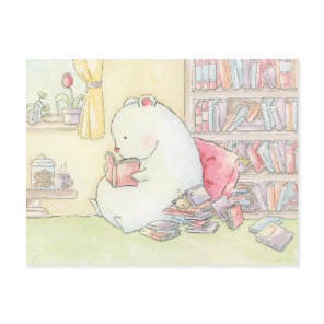 Bookworms library polar bear bunny watercolour postcard
