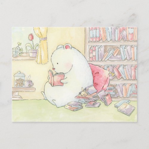 Bookworms library polar bear bunny watercolour postcard
