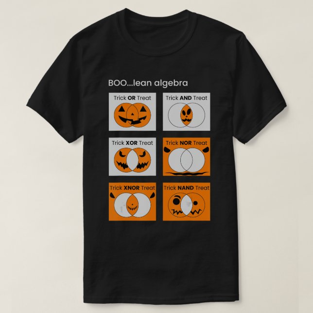 Boolean Algebra, Trick Or Treat Pumpkin Venn Diagr T-Shirt (Design Front)