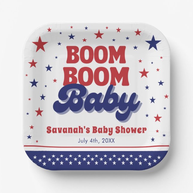 Boom Boom Baby 4th July Patriotic Baby Shower  Paper Plates (Front)