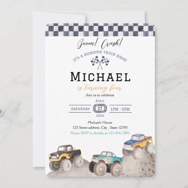 Boom Crash Monster Truck Bash Invitation (Front)
