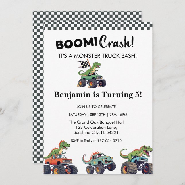 Boom Crash,Monster Truck Birthday Invitation (Front/Back)