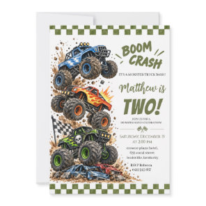 Boom Crash Monster Truck Checkered Birthday Invitation