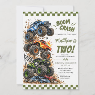 Boom Crash Monster Truck Checkered Birthday Invitation