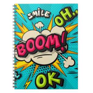 Boom pop art cloud bubble. Smile, wow, pow, cool,  Notebook