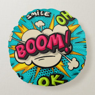 Boom pop art cloud bubble. Smile, wow, pow, cool, Round Pillow