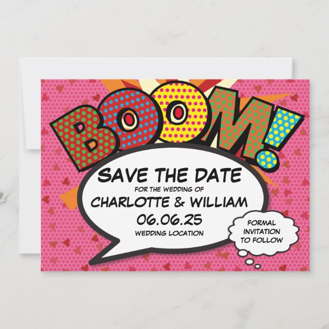 BOOM Save the Date Fun Retro Comic Book Pop Art (Front)