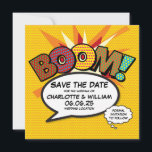 BOOM Save the Date Fun Retro Comic Book Pop Art<br><div class="desc">Personalise with your names and details to announce the date of your special event. Comic book pop art themed modern, fun retro design, perfect for weddings, bridal showers, baby showers, baptisms, engagement parties, anniversary celebrations, graduations, birthday party and other special events throughout the year! A cool, trendy and fun design...</div>