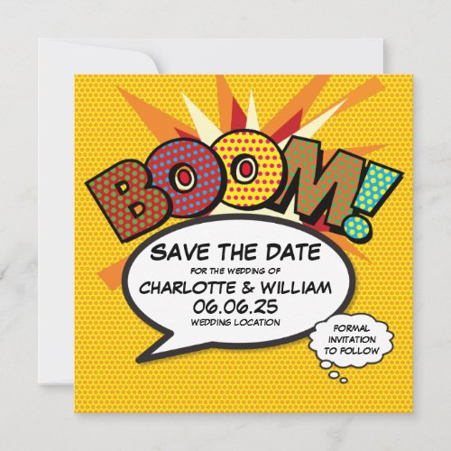 BOOM Save the Date Fun Retro Comic Book Pop Art