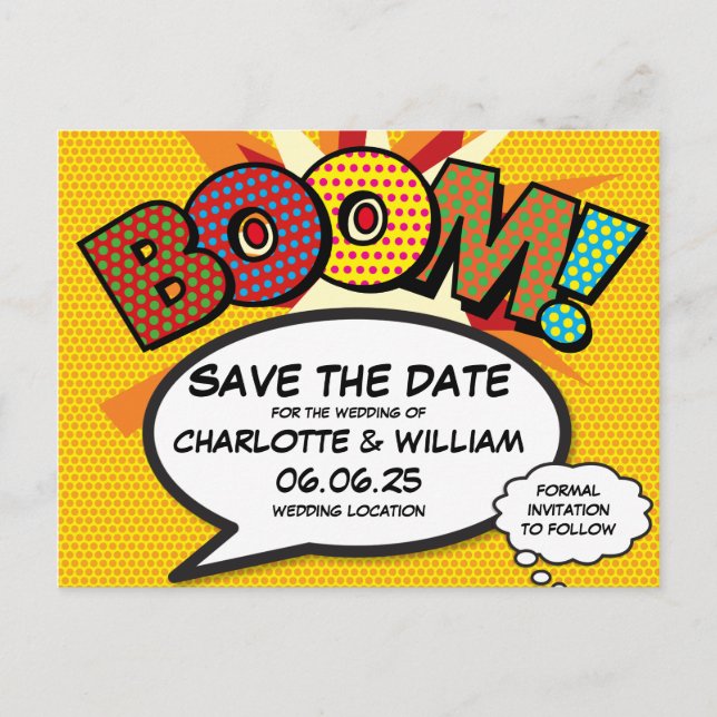 BOOM Save the Date Fun Retro Comic Book Pop Art Announcement Postcard (Front)