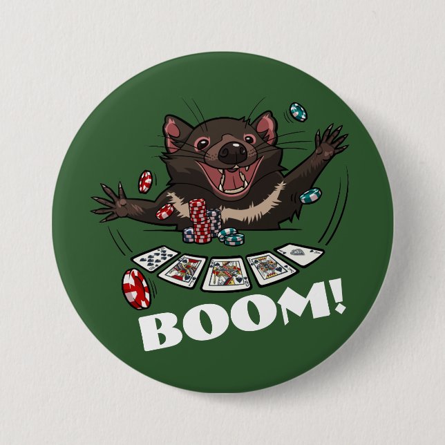 Boom! Tasmanian Devil Royal Flush Poker Cartoon Pinback Button (Front)