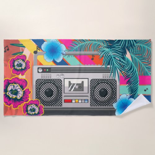 Boombox with tropical leaves and flowers beach towel