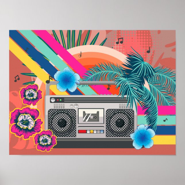 Boombox with tropical leaves and flowers poster (Front)