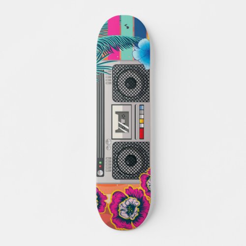 Boombox with tropical leaves and flowers skateboard