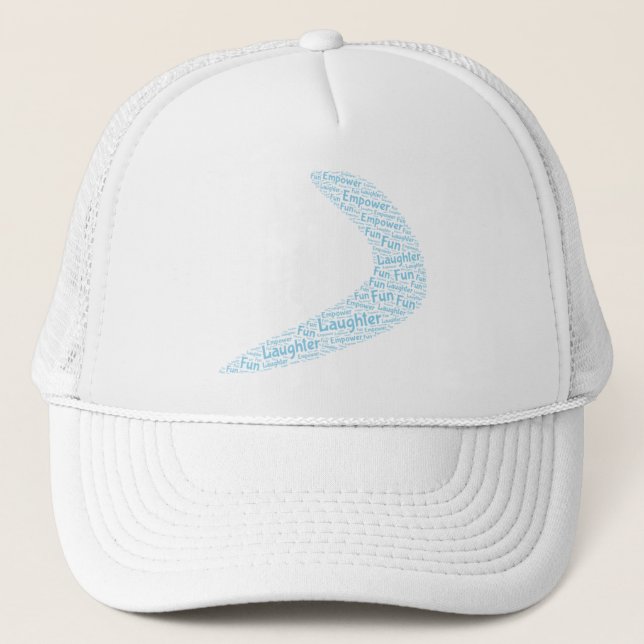 boomerang laughter, fun, empower  trucker hat (Front)