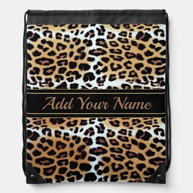 Boomy Elegant Stylish Leopard Print Custom Name  Drawstring Bag (Front)