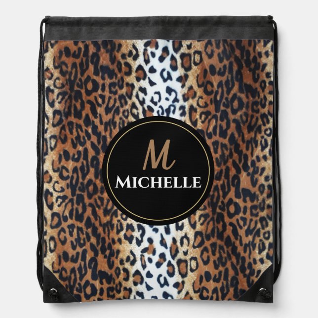 Boomy Stylish Elegant Leopard Print Custom Name Drawstring Bag (Front)