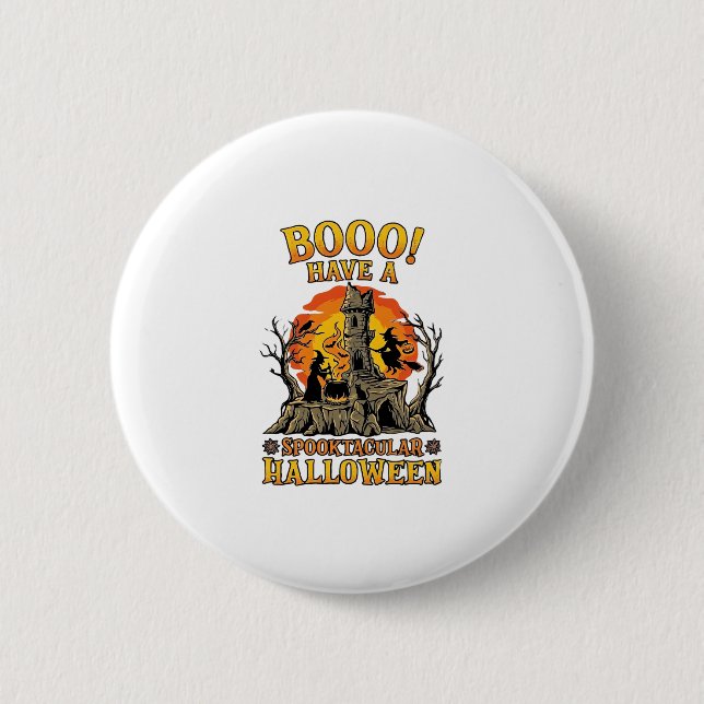 Booo Spooktacular Halloween Witch Cauldron Castle  Button (Front)
