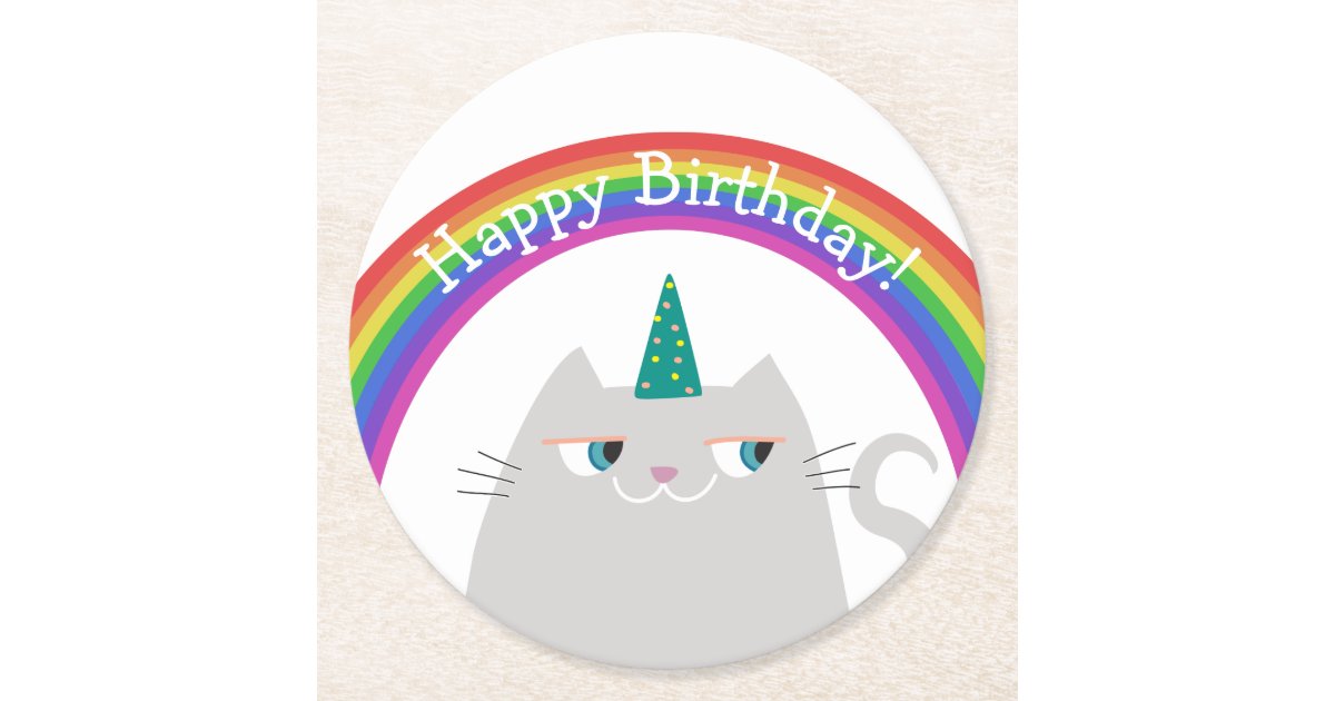 Booo The Cat Cute Unicorn Happy Birthday Round Paper Coaster