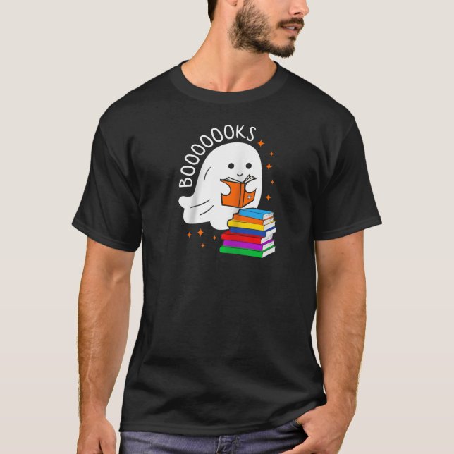 Boooks Ghost Reading Books Funny Teacher Librarian T-Shirt (Front)