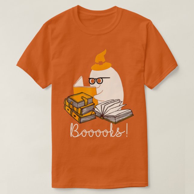 Booooks! Cute Ghost Reading Library Books Hallowee T-Shirt (Design Front)