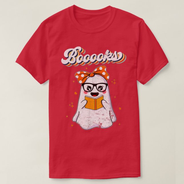 Booooks! Cute Ghost Reading Library Books Hallowee T-Shirt (Design Front)