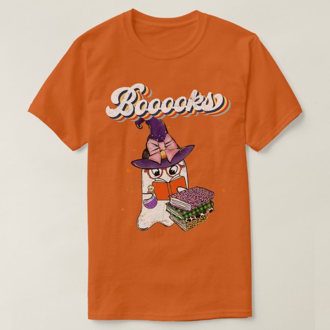 Booooks! Cute Ghost Reading Library Books Hallowee T-Shirt (Design Front)