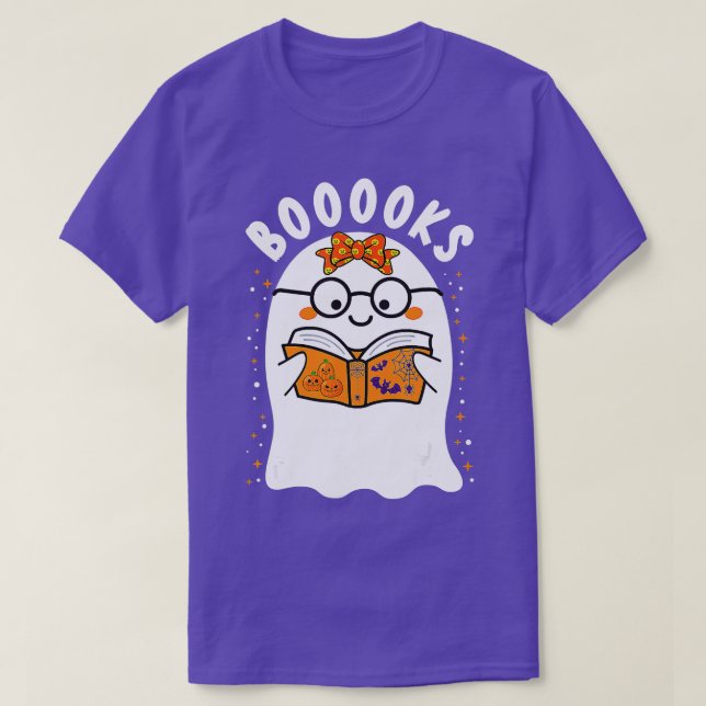 Booooks! Cute Ghost Reading Library Books Hallowee T-Shirt (Design Front)