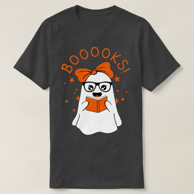 Booooks! Cute Ghost Reading Library Books Hallowee T-Shirt (Design Front)