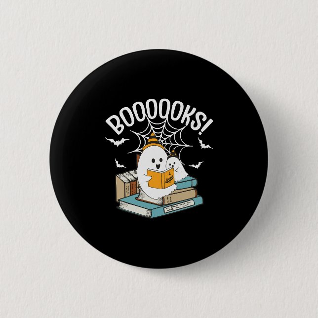 Booooks Ghost Read Books Halloween Funny Reading Button (Front)