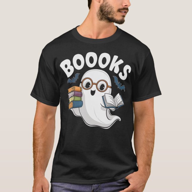 Booooks Ghost Reader Bat Halloween Books Literacy T-Shirt (Front)