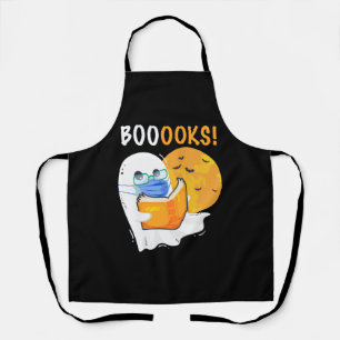 Booooks Halloween Ghost reading books and wearing Apron