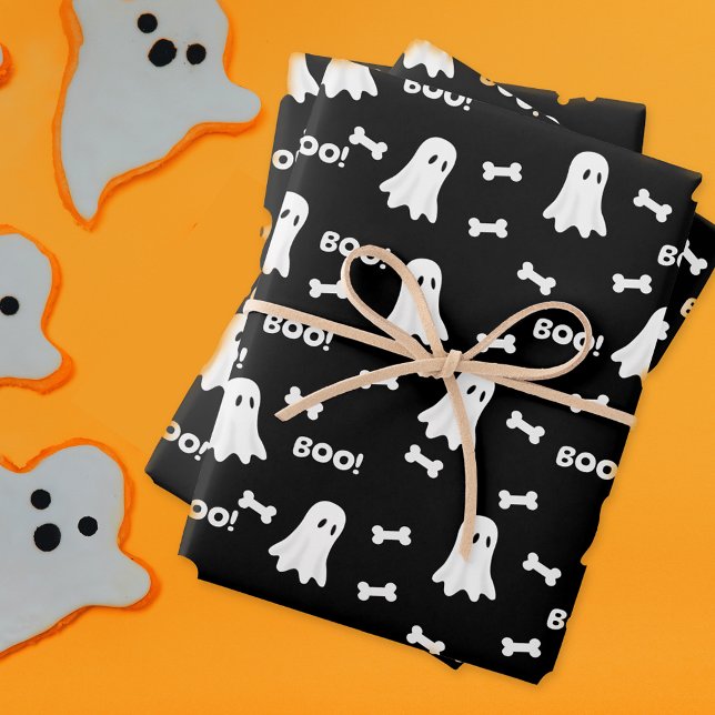 Boos and Bones Halloween Wrapping Paper (Halloween for Dogs and Dog lovers Boos and Bones black wrapping paper with cute ghosts.)