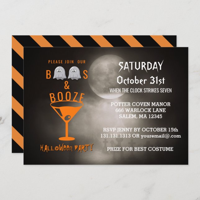 Boos and Booze Adult Halloween Party Graveyard Invitation (Front/Back)