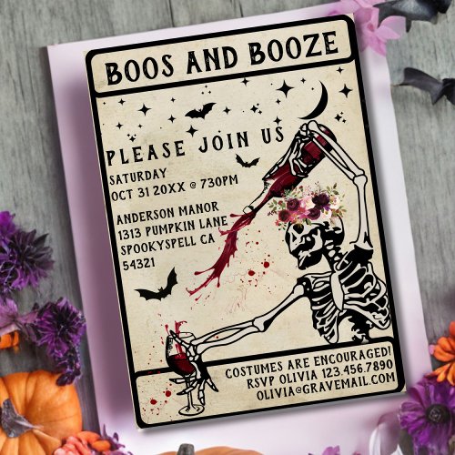 Boos and Booze Adult Vintage Skull Halloween Party Invitation
